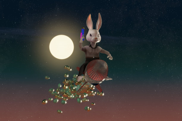3D插图，兔子火箭复活节设计。图片下载