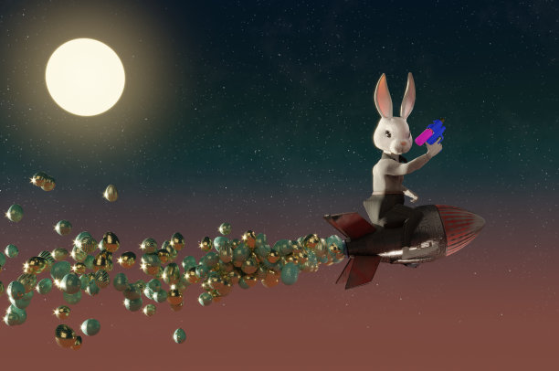3D插图，兔子火箭复活节设计。图片下载