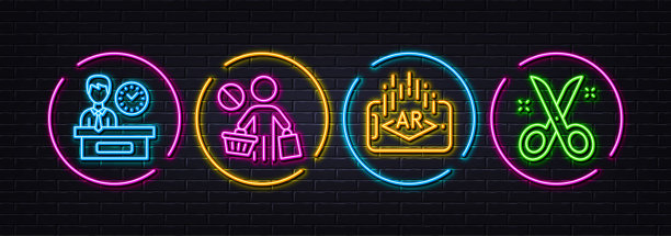 增强现实，演示时间和停止购物最小线图标。对于web应用程序，打印矢量图片下载