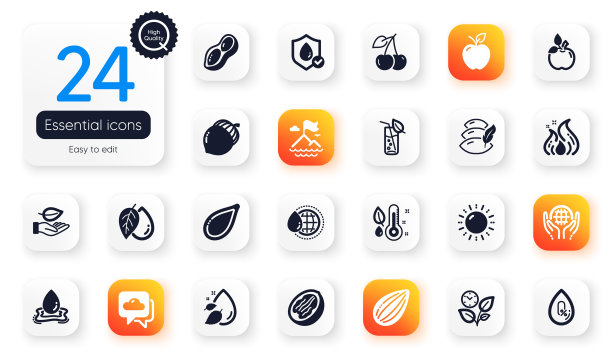 自然平面图标集。没有酒精，矿物油和树叶元素的web应用程序。为设计。向量图片下载