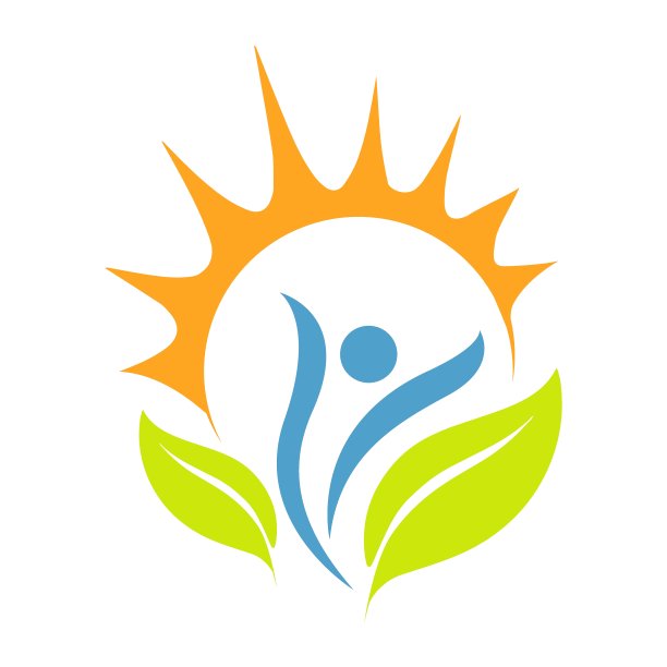 健康摘要人标志图标与太阳和叶子矢量图形设计图片下载
