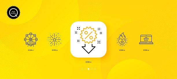 折扣、火焰心和摩天轮极简线条图标矢量素材，适用于网页应用程序和印刷图片下载