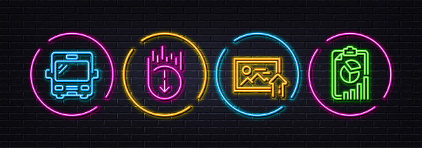 巴士，向下滚动和上传照片最小线图标。对于web应用，打印。霓虹灯激光3d灯。向量图片下载