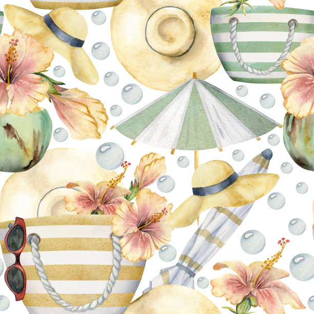 手绘水彩沙滩包芙蓉花，遮阳帽，鸡尾酒伞无缝模式。孤立在白色背景上。墙面艺术，婚庆，印花，面料，封面，卡片，旅游，旅游小册子。图片下载