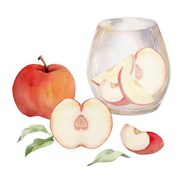 手绘水彩构图与苹果水果在陶瓷盘，饱满和切片，与叶子和种子。孤立在白色背景上。设计墙面艺术，婚礼，印花，面料，封面，卡片。图片下载