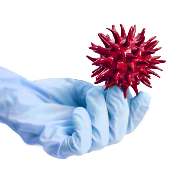 为流感病毒寻找疫苗，并开发一种治疗冠状病毒的方法，概念，隔离在白色背景上。科学家戴着医用手套的手拿着冠状病毒图片下载