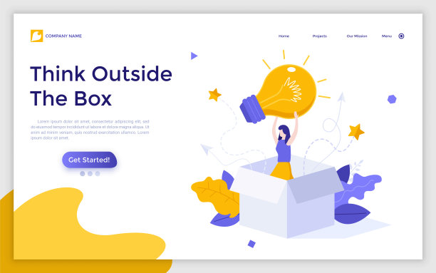 登陆页模板与女人坐在盒子和持有发光的灯泡。创造性思维的概念，创造力，创新的想法，洞察力或突破。平面矢量插图的网站。图片下载