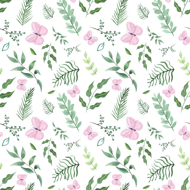 水彩无缝图案与绿色野花和粉红色蝴蝶在白色背景，手绘植物风格，度假，婚礼设计。适用于织物，纺织品，壁纸，封面，印刷品，包装，纸张，剪贴簿图片下载