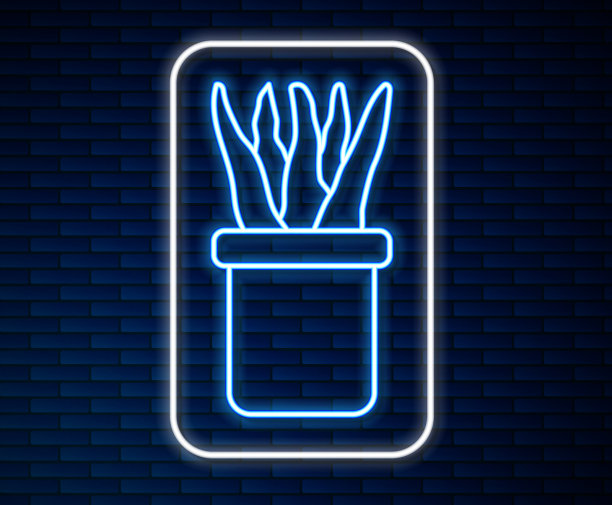 发光的霓虹灯线植物在花盆图标隔离上图片下载