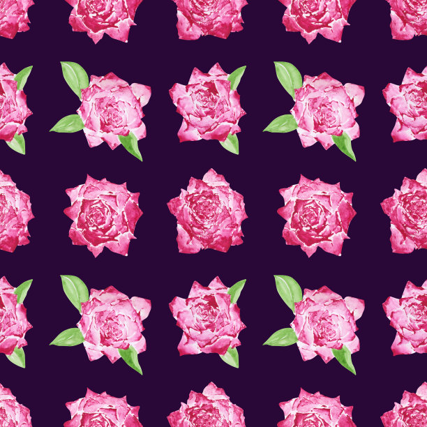 粉红色的玫瑰无缝图案在深蓝色。手绘水彩花卉无尽的印刷。美丽的花朵插图。可爱浪漫的花。花组成。植物的背景。玫瑰壁纸。图片下载