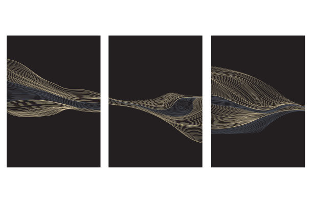 手绘波浪元素与日本模式向量。抽象的金线装饰与黑色横幅设计，传单或演示在复古风格。海洋海洋元素。山地景观背景图片下载