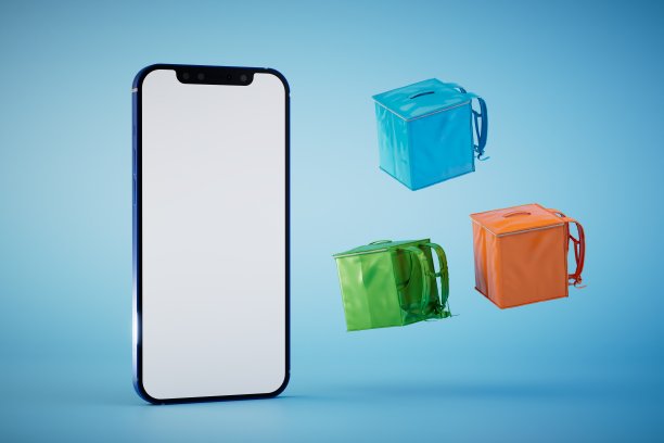 在线送餐支付。蓝色背景的智能手机和外卖袋。三维渲染图片下载