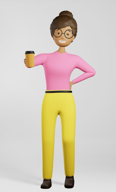 年轻的非裔美国女性自由职业者咖啡杯。3d角色员工咖啡休息时间。商人的生产力图片下载
