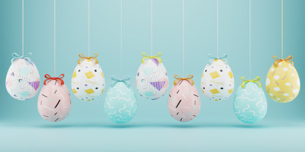 复活节彩色装饰蛋挂在蓝色背景。最小的复活节概念。带有文本复制空间的快乐复活节卡片。3 d渲染。图片下载