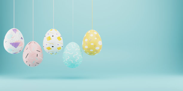 复活节彩色装饰蛋挂在蓝色背景。最小的复活节概念。带有文本复制空间的快乐复活节卡片。3 d渲染。图片下载