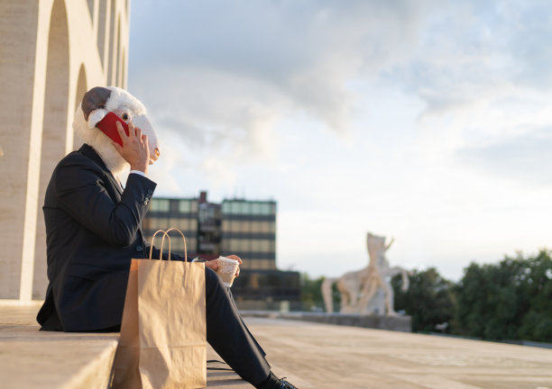 横向商业视图与羊头坐在他的午休时间打电话，复制空间，概念摄影图片下载
