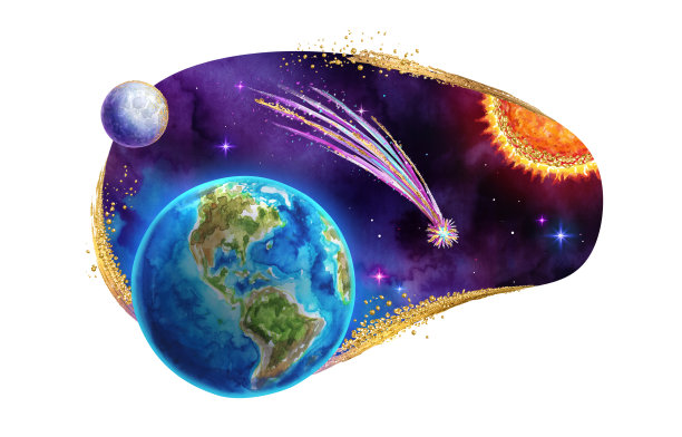 水彩插图。曲线形状的宇宙贴纸与地球行星，月球，彩色彗星和太阳。空间剪贴艺术孤立在白色背景上图片下载