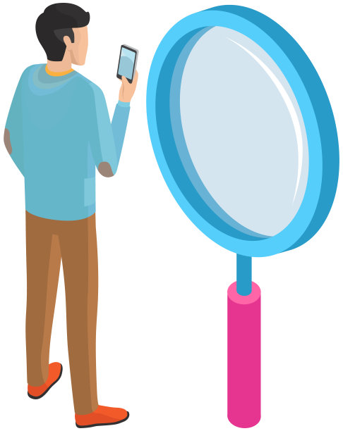 男性角色在手机上搜索信息，使用带有放大镜的移动应用程序图片下载