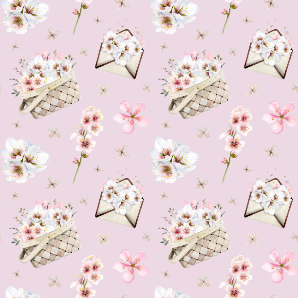 杏仁花在篮子和信封无缝模式，水彩背景上粉红色的婚礼和春季设计图片下载