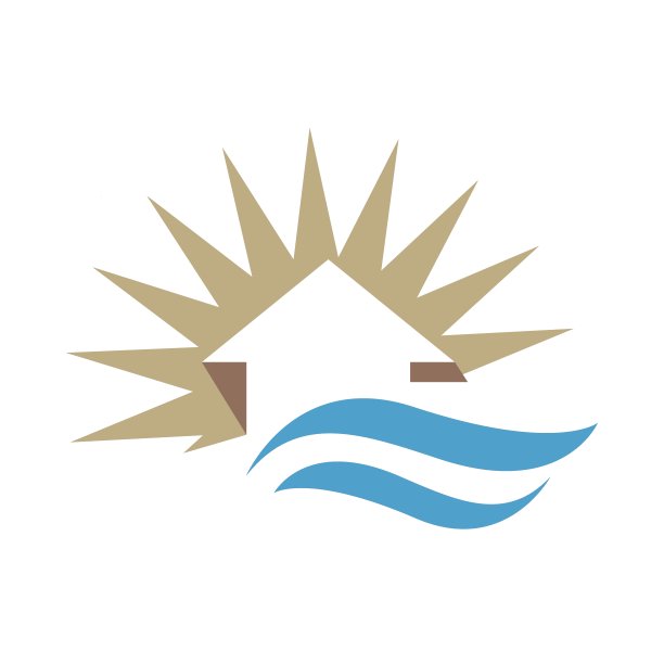 清晰的蓝色的水夏天阳光明媚的海滩房子标志设计模板矢量插图图片下载