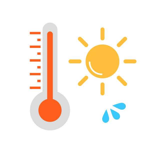 高温温度计和太阳和汗水图标设置。夏天。向量。图片下载