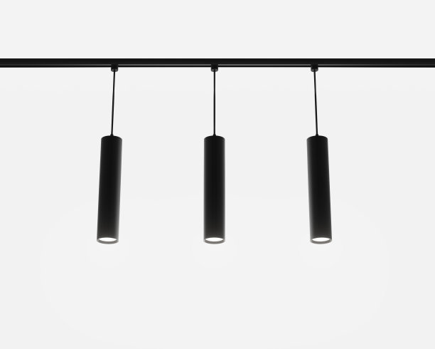 轨道照明系统，吊顶射灯三维渲染。现代黑色金属长管，强调灯的展厅，咖啡馆或办公室内部隔离在白色背景图片下载