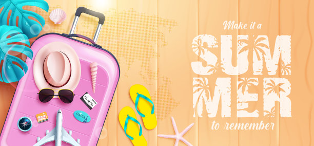 夏季矢量设计。夏天记文字带旅行行李元素度假度假。图片下载