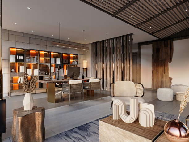 办公环境设计，包括行政桌、会议和休息区图片下载