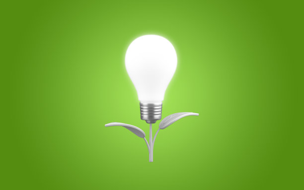 生态绿色灯泡与叶片概念。节能动力理念，绿色背景下的可再生、可持续能源。三维渲染图片下载