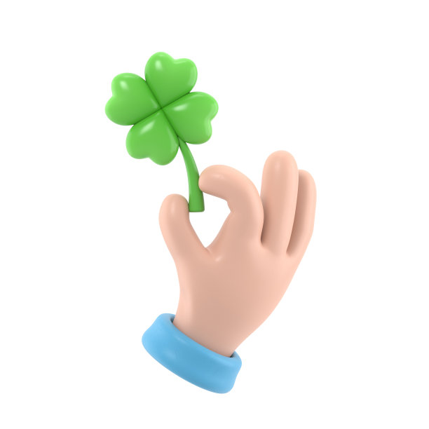 卡通手势图标模型。3d图标手拿三叶草叶子。业务臂与绿色三叶草，幸运和成功的象征，三维渲染在白色背景。图片下载
