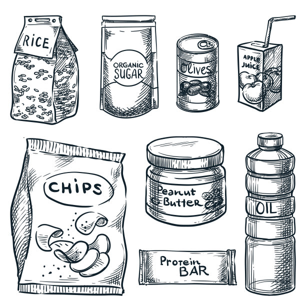 包装食品，杂货店超市套装。纸箱，塑料包装，手绘矢量草图插图图片下载