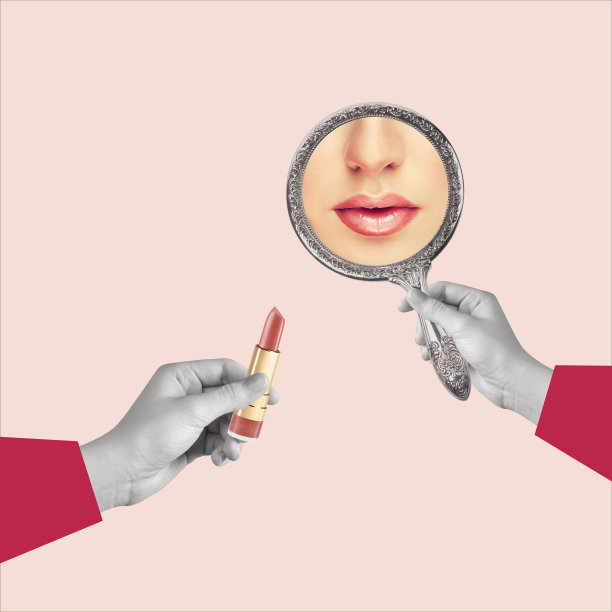 当代艺术拼贴手拿镜子与女人的嘴唇和口红。图片下载
