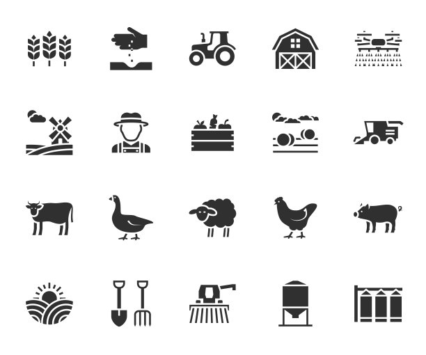 矢量集农业和农业平面图标。包含图标农场，拖拉机，牲畜，联合收割机，谷仓，农民，粮仓，筒仓等。像素完美。图片下载