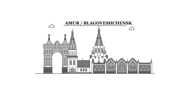 俄罗斯布拉戈维申斯克市天际线孤立矢量插图，图标图片下载