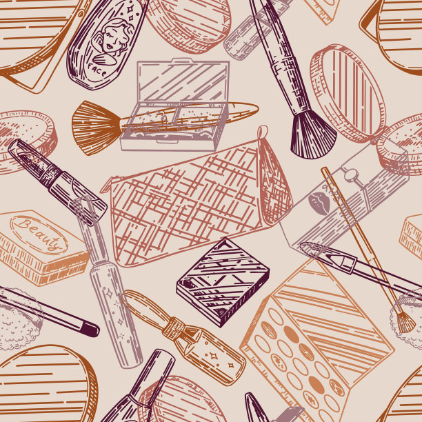 抽象装饰的化妆套件。美容配件化妆品草图无缝模式。手绘矢量插图在复古风格。图片下载