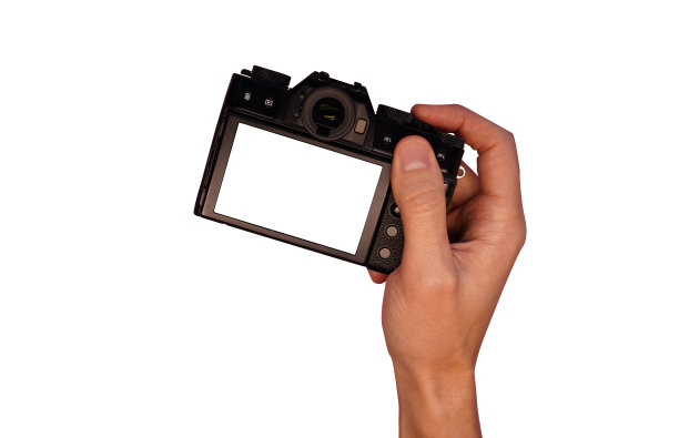 男性手握无反光镜相机在白色背景的模型图片下载