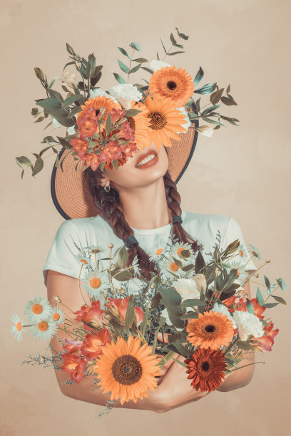 年轻女子与花的抽象艺术拼贴图片下载