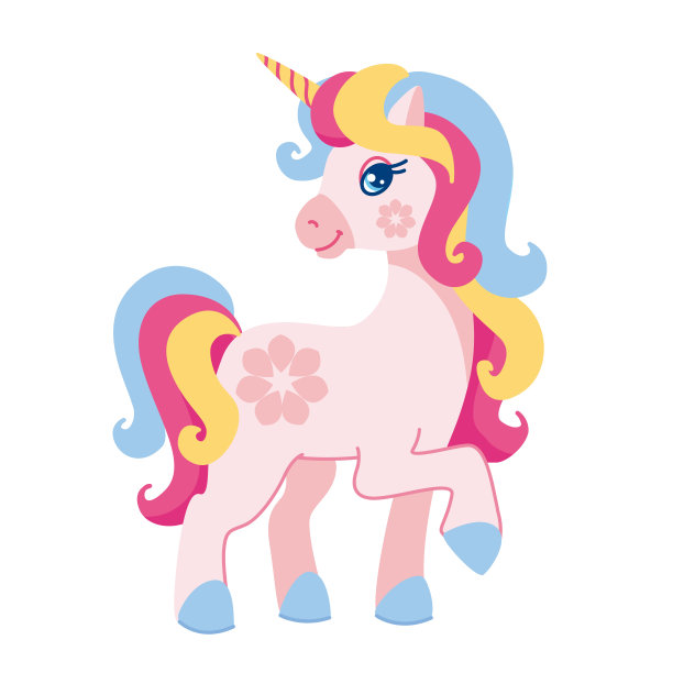 可爱的卡通独角兽角色。孤立的童话插图在平面风格。图片下载