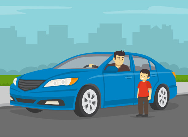 男司机和小男孩在路边聊天。小孩看着蓝色轿车旁的司机。图片下载