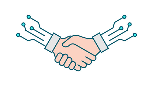 数字握手概念。两只手拿着微芯片。人工智能的解决方案。人类与人工智能的合作。图片下载