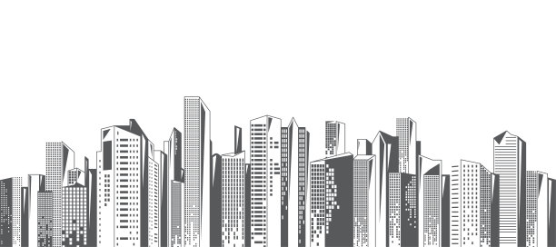 城市矢量边界背景。城市的城市景观与摩天大楼，在抽象单色简单的平面风格。白色背景隔离图片下载