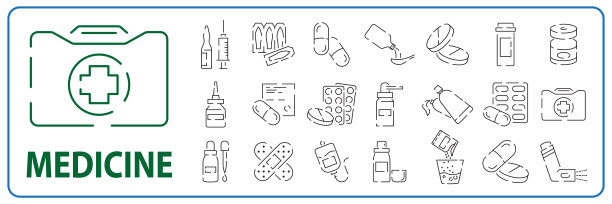 简单的医疗药品相关矢量线图标集。医药保健药房和医院。包含处方，吸入器，药片等图标图片下载