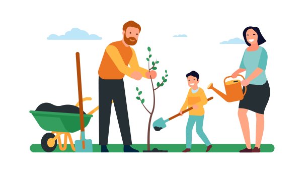 一家人种了树。爸爸和妈妈一起带着孩子种花。父母与儿子呵护灌木。为苗木挖土。手推车和喷壶。植物生长。向量的概念图片下载