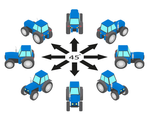 蓝色拖拉机旋转45度。图片下载