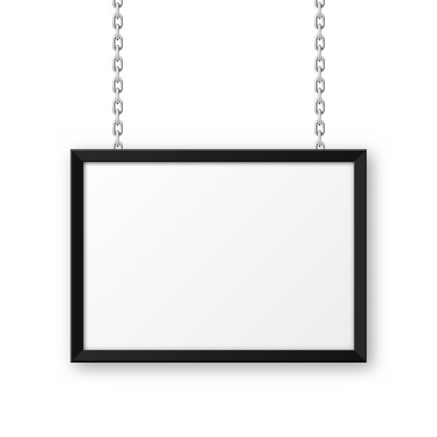 黑色招牌挂在金属链上。餐厅菜单板。现代海报模型。空白照片或相框。广告或展示板。街头标语。矢量图图片下载