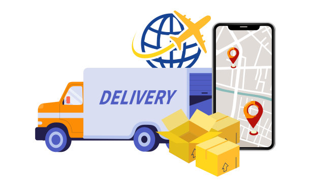 物流运输广告横幅货车箱智能手机素描。图片下载