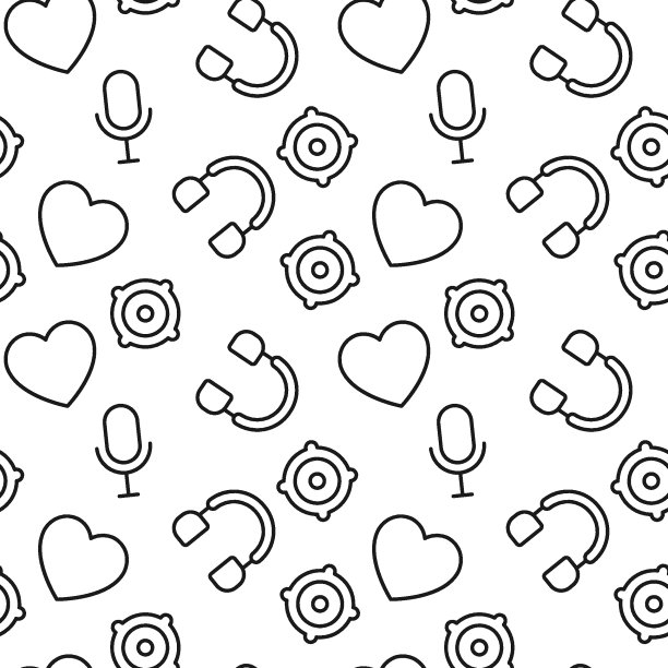 无缝重复单色图案扬声器，音符，心脏，麦克风，耳机。完美的网站，应用程序，商店，背景，壁纸图片下载