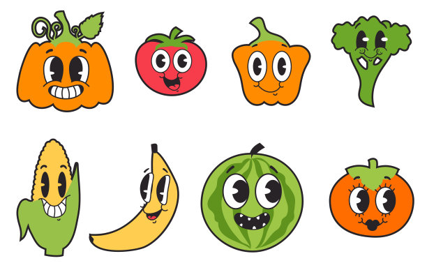 卡通复古水果蔬菜人物贴纸情感集。矢量图形设计插图元素图片下载