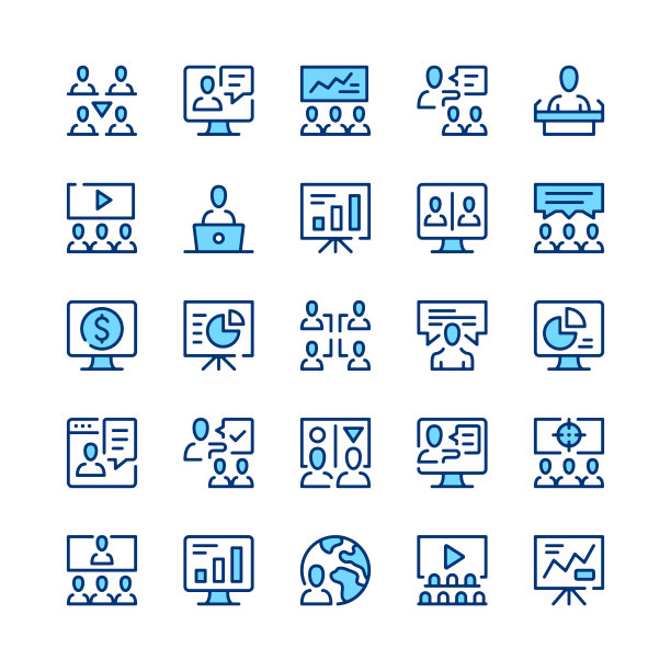 表示行图标。表示图标集。蓝色的颜色。勾勒出笔画符号。矢量线图标集图片下载