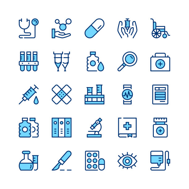 医疗工具行图标。医疗工具图标集。蓝色的颜色。勾勒出笔画符号。矢量线图标集图片下载